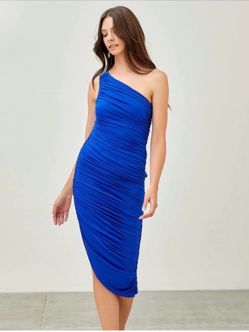 DO+BE One-Shoulder Cobalt Ruched Midi Dress